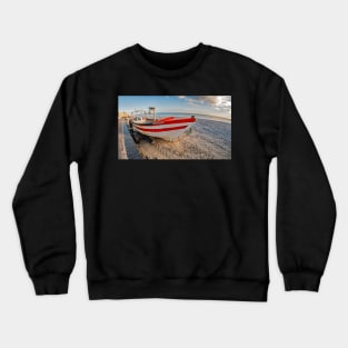 Fisheye view of traditional crab fishing boat on Cromer beach, Norfolk Crewneck Sweatshirt